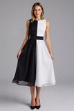 Black and White Patchwork Chiffon A Line Midi Formal Dress