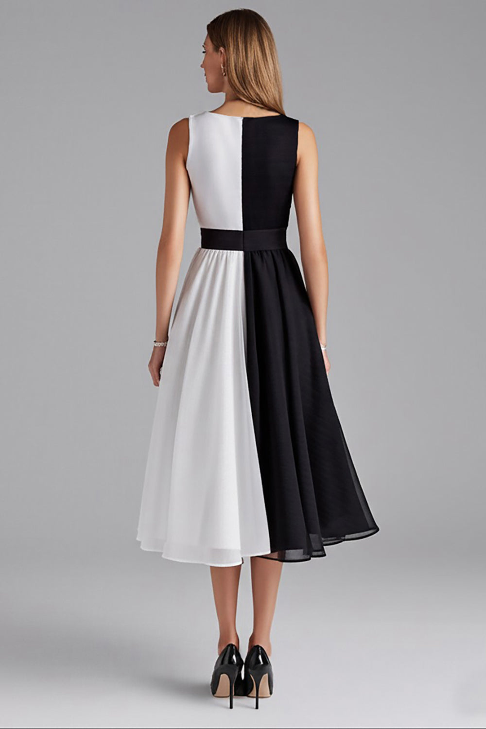 Black and White Patchwork Chiffon A Line Midi Formal Dress