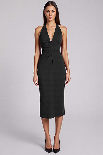 Black Satin Bodycon Halter Backless Midi Formal Dress