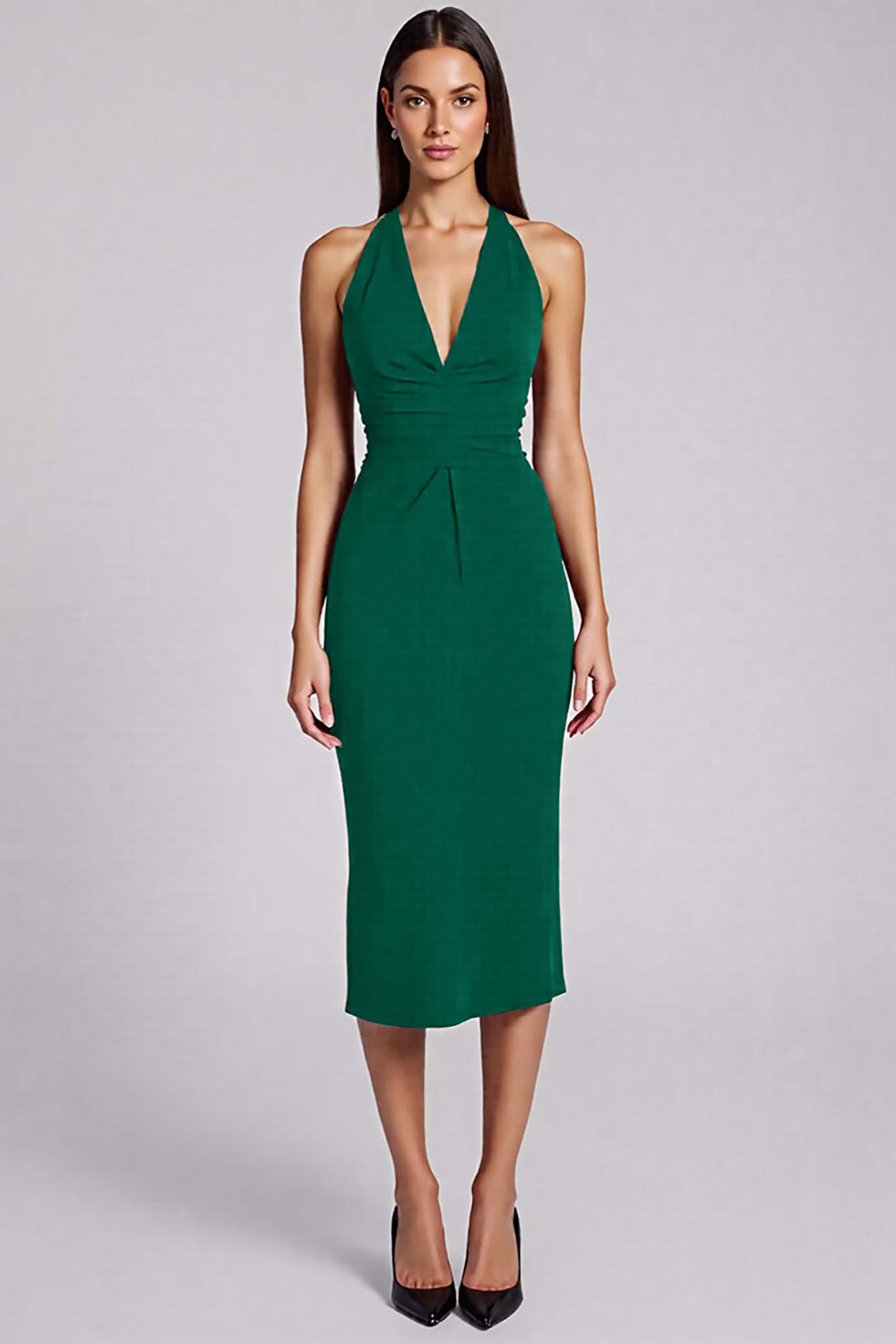 Black Satin Bodycon Halter Backless Midi Formal Dress