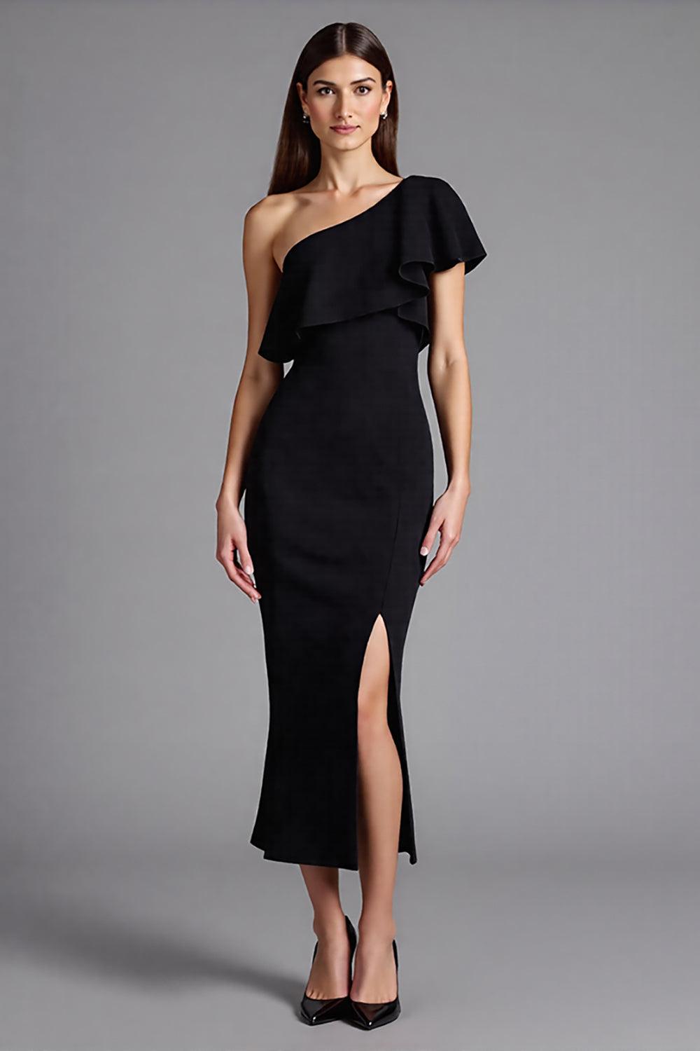 Black Satin One Shoulder Ruffled Long Formal Dress with Slit