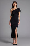 Black Satin One Shoulder Ruffled Long Formal Dress with Slit