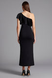 Black Satin One Shoulder Ruffled Long Formal Dress with Slit