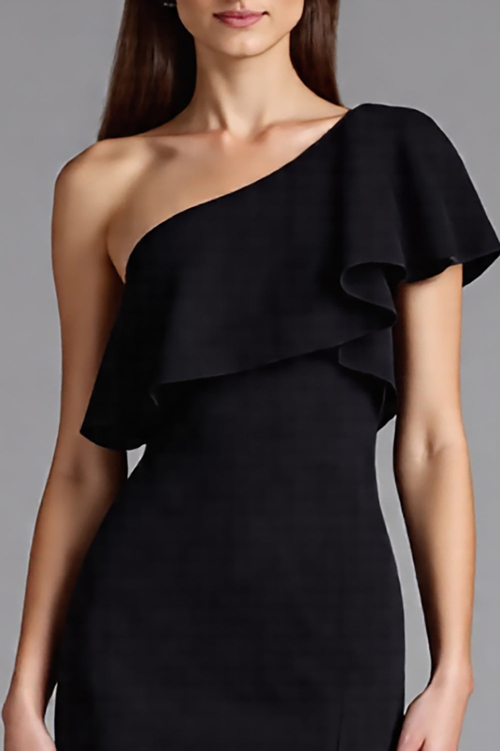 Black Satin One Shoulder Ruffled Long Formal Dress with Slit