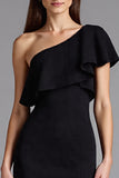 Black Satin One Shoulder Ruffled Long Formal Dress with Slit