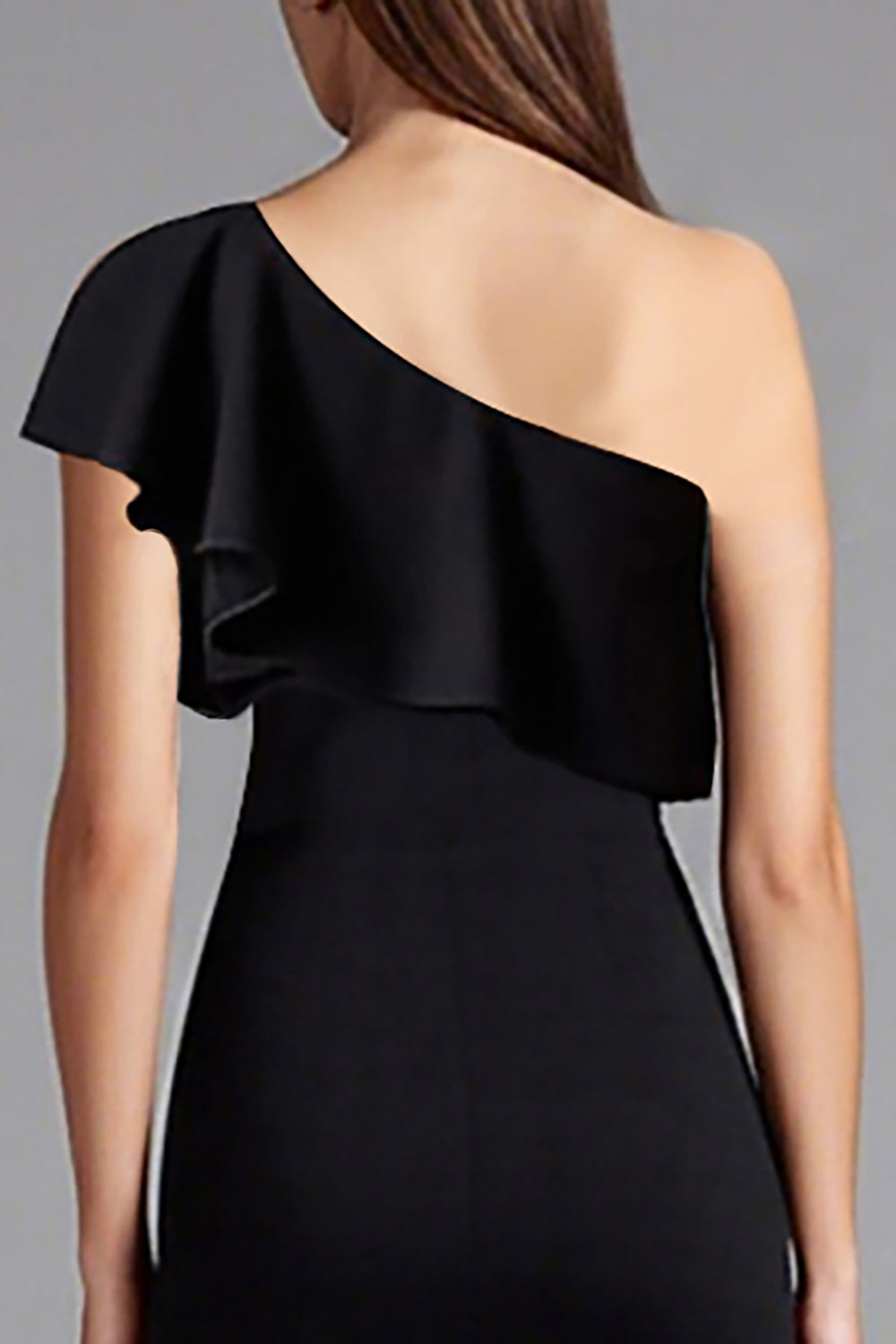Black Satin One Shoulder Ruffled Long Formal Dress with Slit