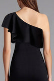 Black Satin One Shoulder Ruffled Long Formal Dress with Slit