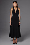 A Line Halter Neck Satin Black Long Formal Dress