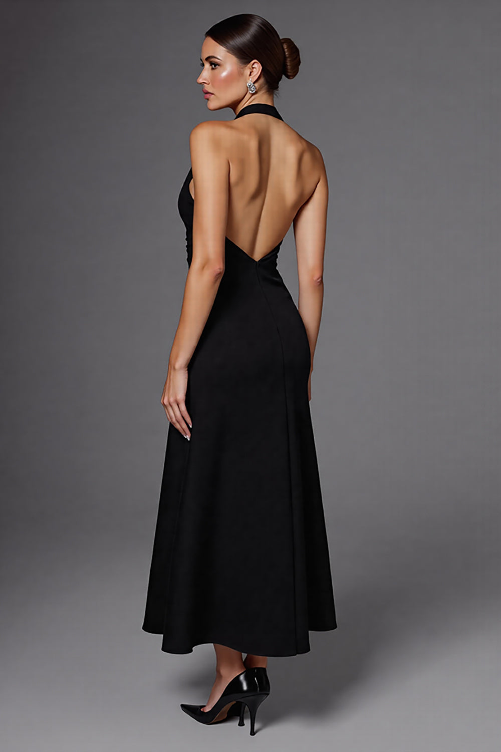A Line Halter Neck Satin Black Long Formal Dress
