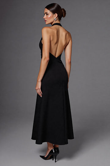 A Line Halter Neck Satin Black Long Formal Dress