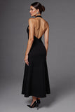 A Line Halter Neck Satin Black Long Formal Dress