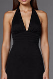 A Line Halter Neck Satin Black Long Formal Dress