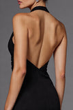 A Line Halter Neck Satin Black Long Formal Dress