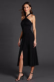 A Line Halter Black Satin Midi Formal Dress with Slit