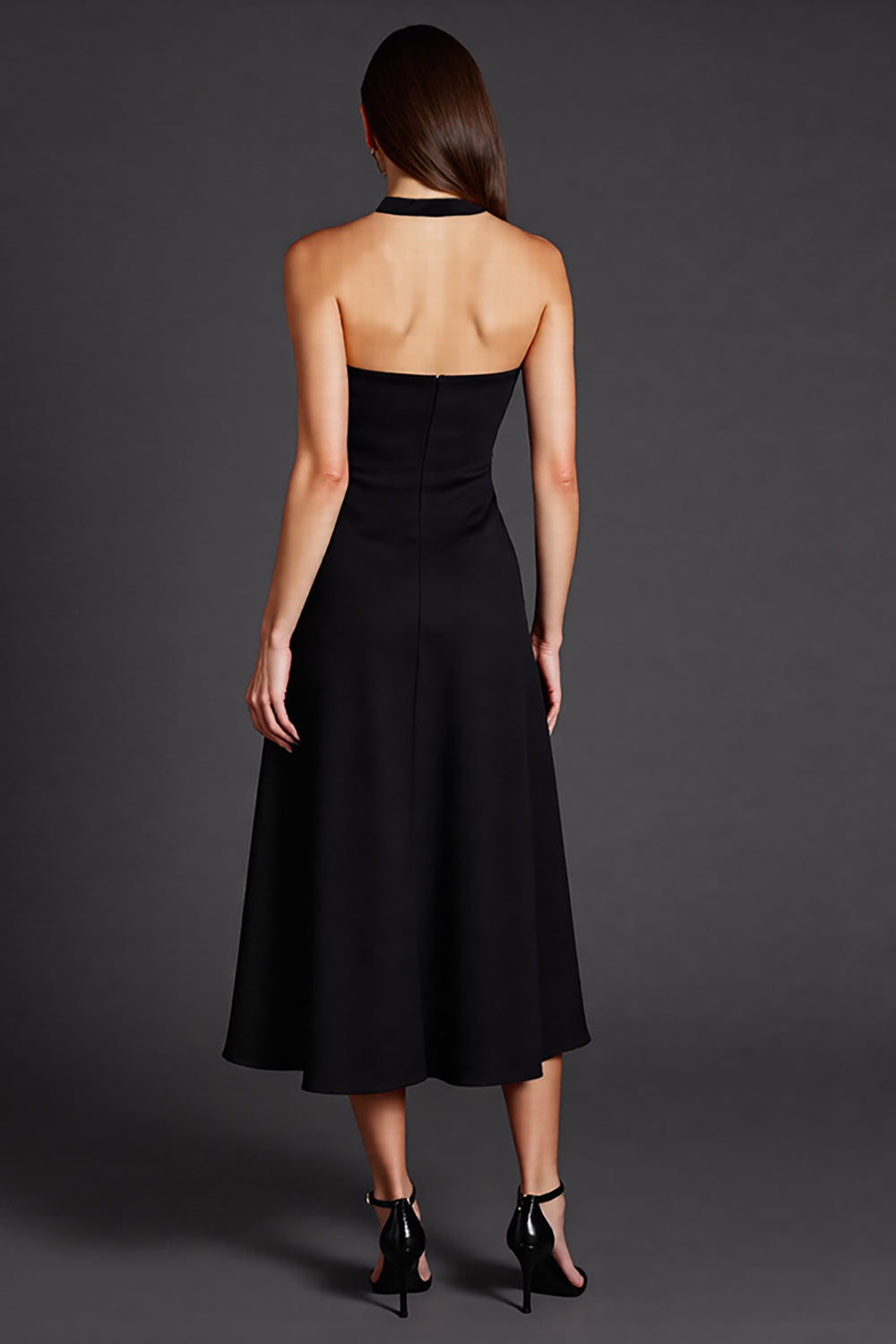 A Line Halter Black Satin Midi Formal Dress with Slit
