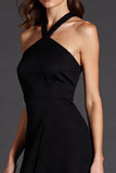 A Line Halter Black Satin Midi Formal Dress with Slit