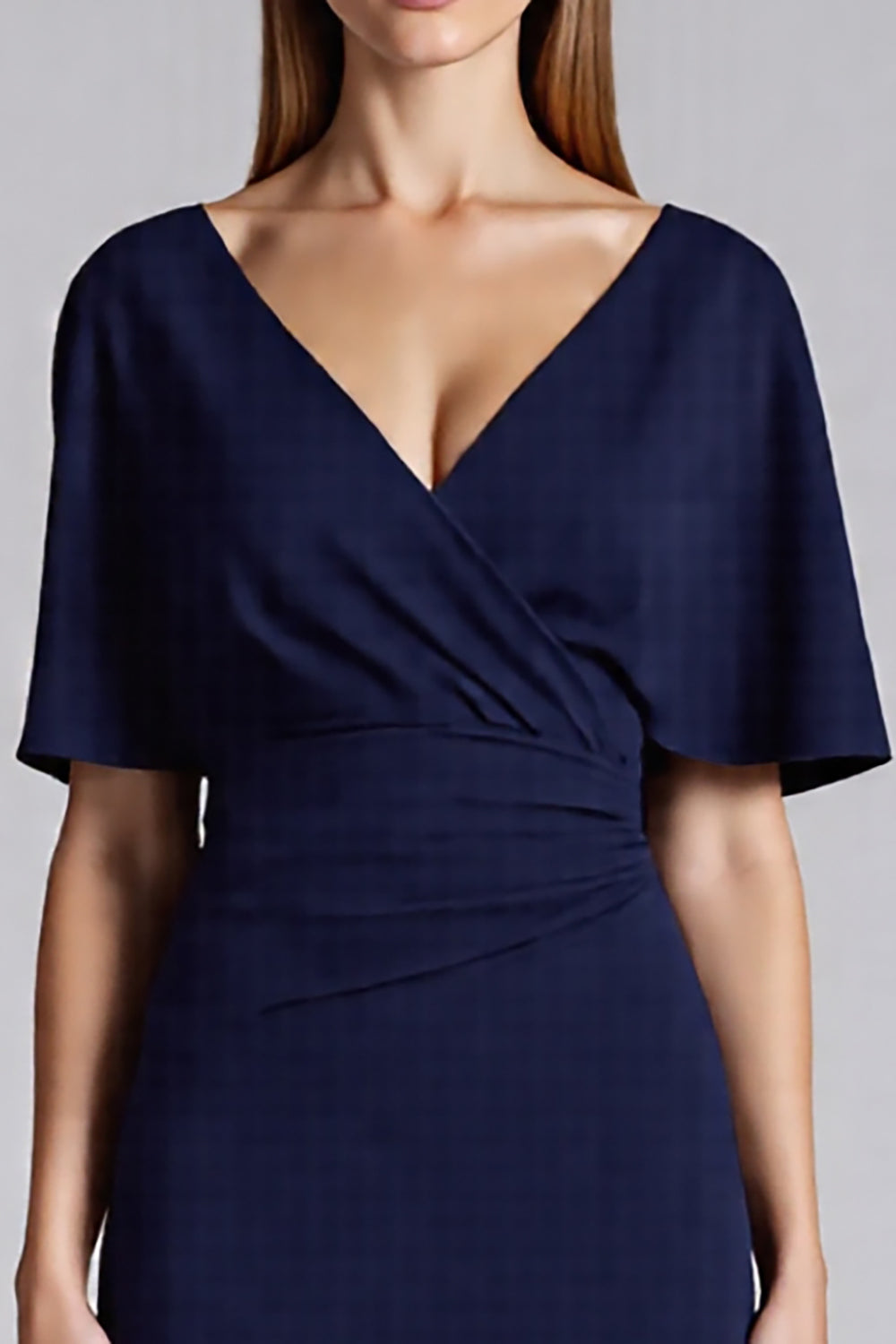 Navy V-Neck Satin Bodycon Ruffled Midi Formal Dress