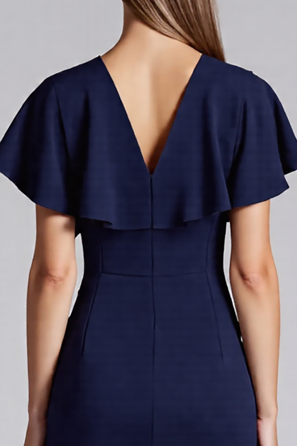 Navy V-Neck Satin Bodycon Ruffled Midi Formal Dress