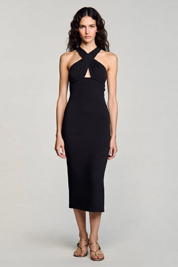 Sheath Halter Neck Black Long Formal Dress with Keyhole