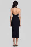 Sheath Halter Neck Black Long Formal Dress with Keyhole