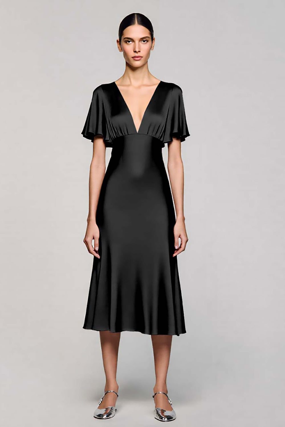 Black Ruffled Satin A Line V-Neck Midi Formal Dress