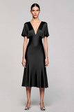 Black Ruffled Satin A Line V-Neck Midi Formal Dress