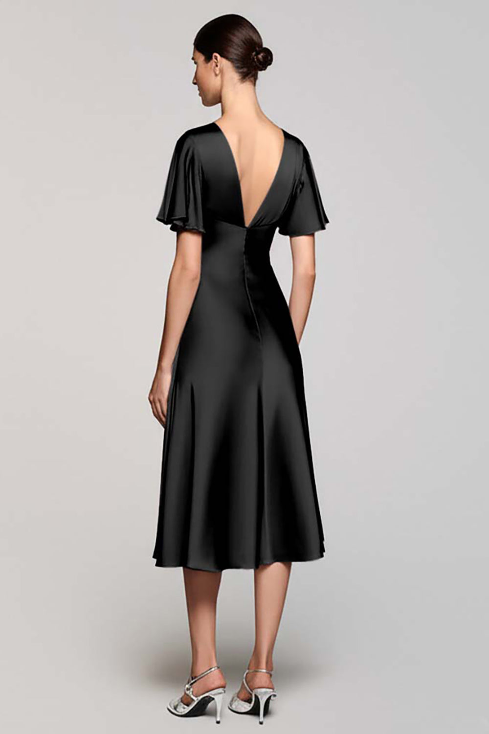 Black Ruffled Satin A Line V-Neck Midi Formal Dress