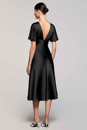Black Ruffled Satin A Line V-Neck Midi Formal Dress