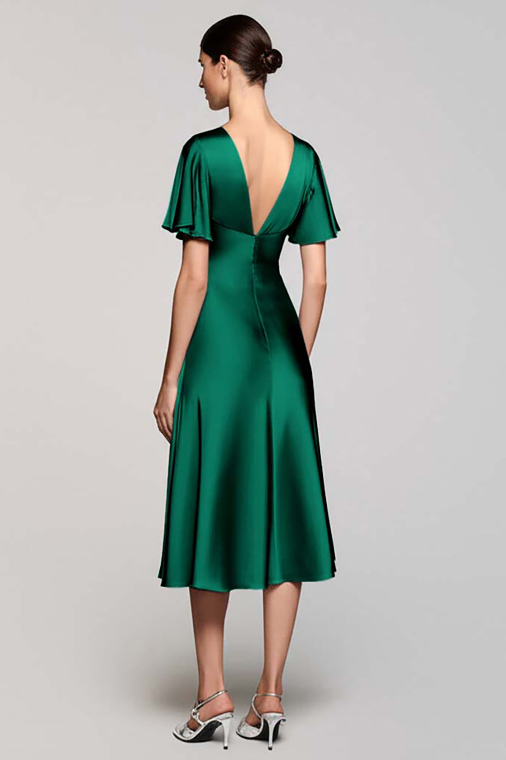 Black Ruffled Satin A Line V-Neck Midi Formal Dress