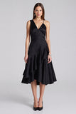 Black A Line Satin Ruffled V-Neck Midi Formal Dress