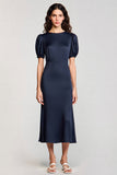 Navy Satin Sheath Long Formal Dress with Sleeves