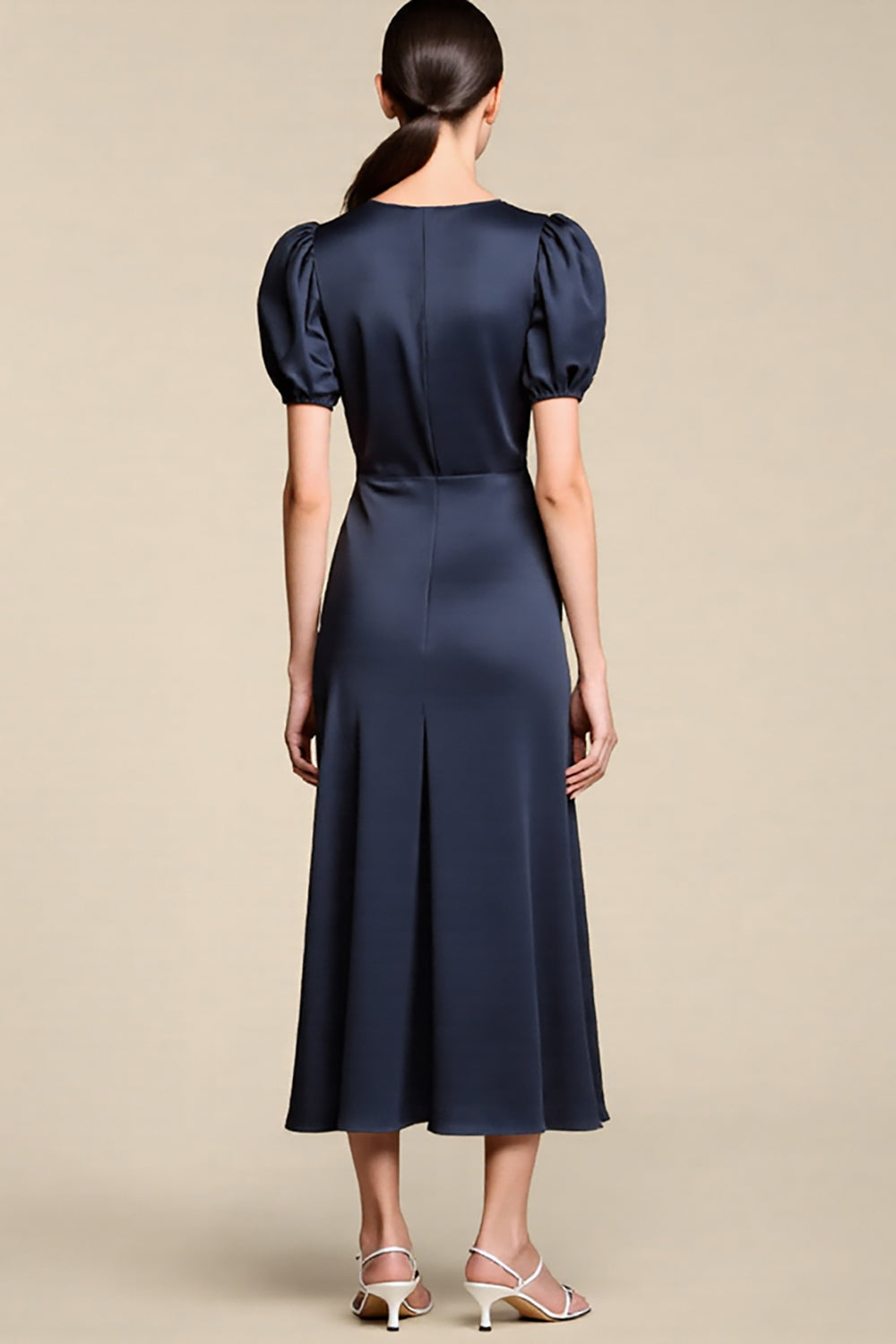 Navy Satin Sheath Long Formal Dress with Sleeves