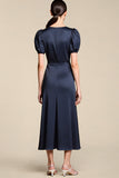 Navy Satin Sheath Long Formal Dress with Sleeves