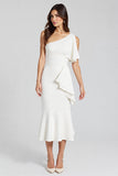 Ivory Sheath Ruffled One Shoulder Long Formal Dress