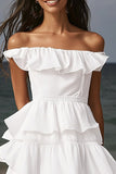 Ivory Ruffled Off the Shoulder Midi Boho Dress