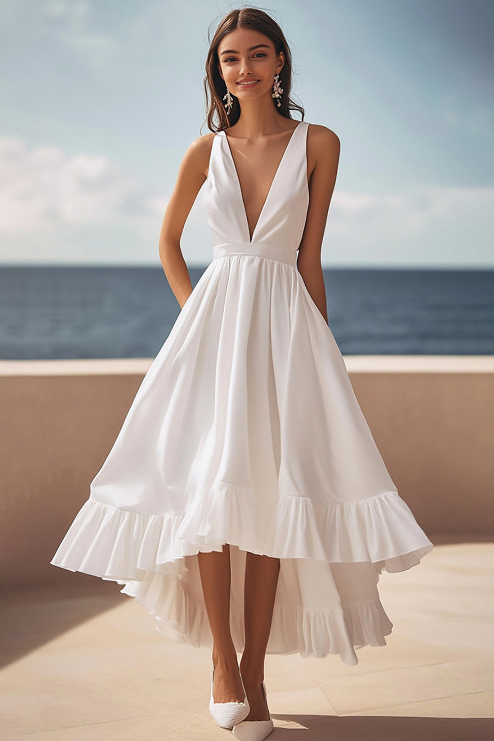 Ivory Satin Deep V Neck A Line High-Low Boho Dress