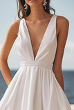 Ivory Satin Deep V Neck A Line High-Low Boho Dress