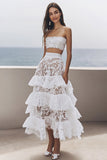 Ivory Strapless Lace Boho Maxi Dress with Ruffles