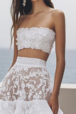 Ivory Strapless Lace Boho Maxi Dress with Ruffles