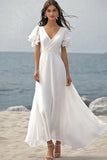 Ivory Chiffon Ruffled V-Neck Long Boho Dress with Sleeves
