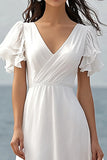 Ivory Chiffon Ruffled V-Neck Long Boho Dress with Sleeves