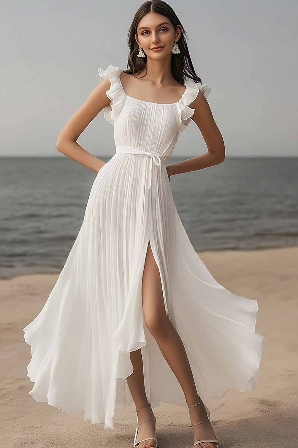 Ivory Scoop Neck A Line Long Boho Dress with Slit