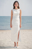 Ivory Sheath Boat Neck Satin Long Boho Dress with Slit