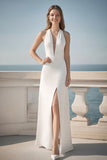 Ivory Satin Halter Neck Sheath Long Boho Dress with Slit