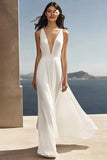 Ivory Chiffon A Line Deep V-Neck Long Boho Formal Dress