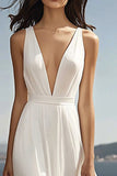 Ivory Chiffon A Line Deep V-Neck Long Boho Formal Dress