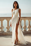 Chiffon Ivory One Shoulder Maxi Sheath Boho Formal Dress with Slit