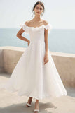 Ivory Ruffled A Line Chiffon Maxi Boho Formal Dress
