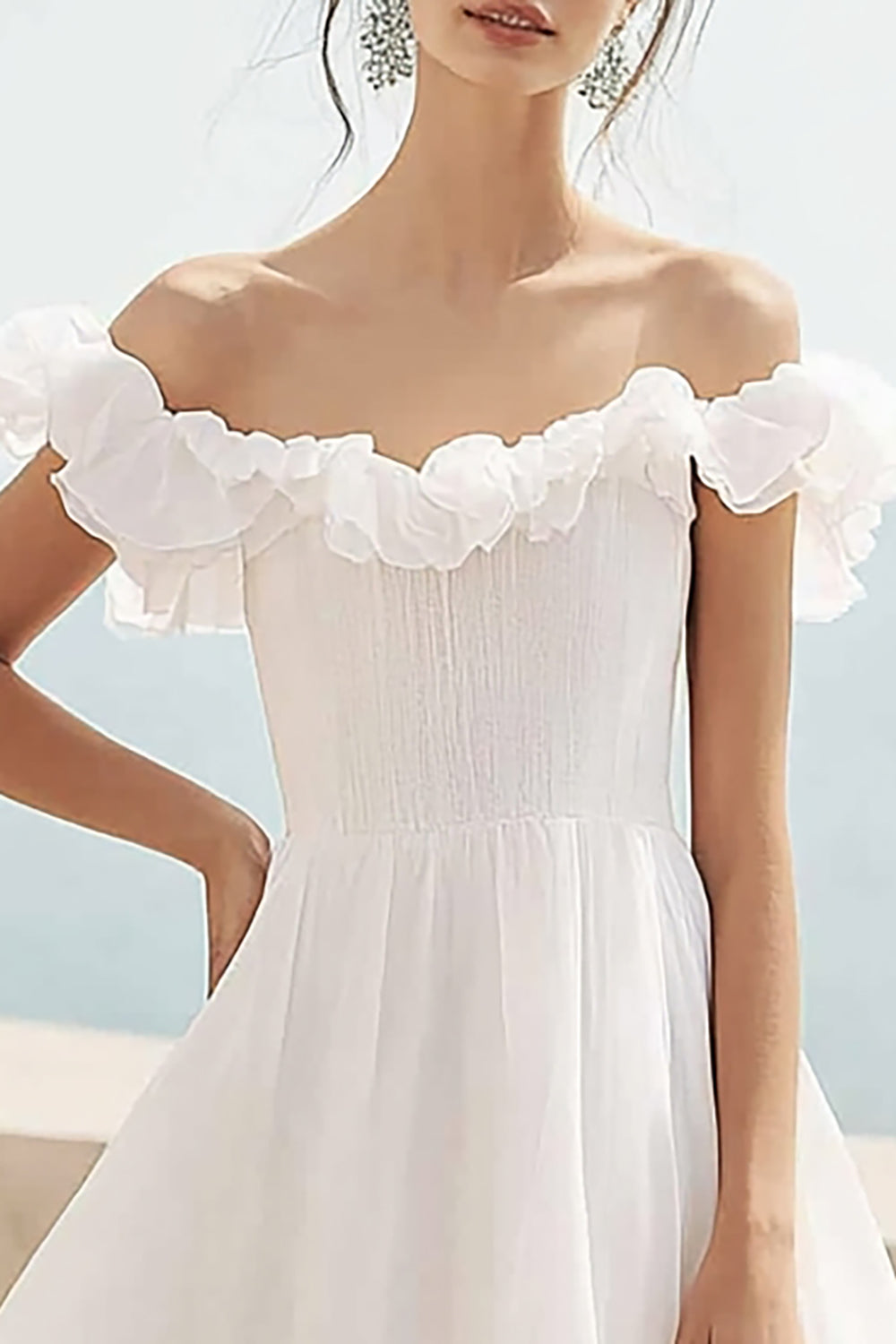 Ivory Ruffled A Line Chiffon Maxi Boho Formal Dress
