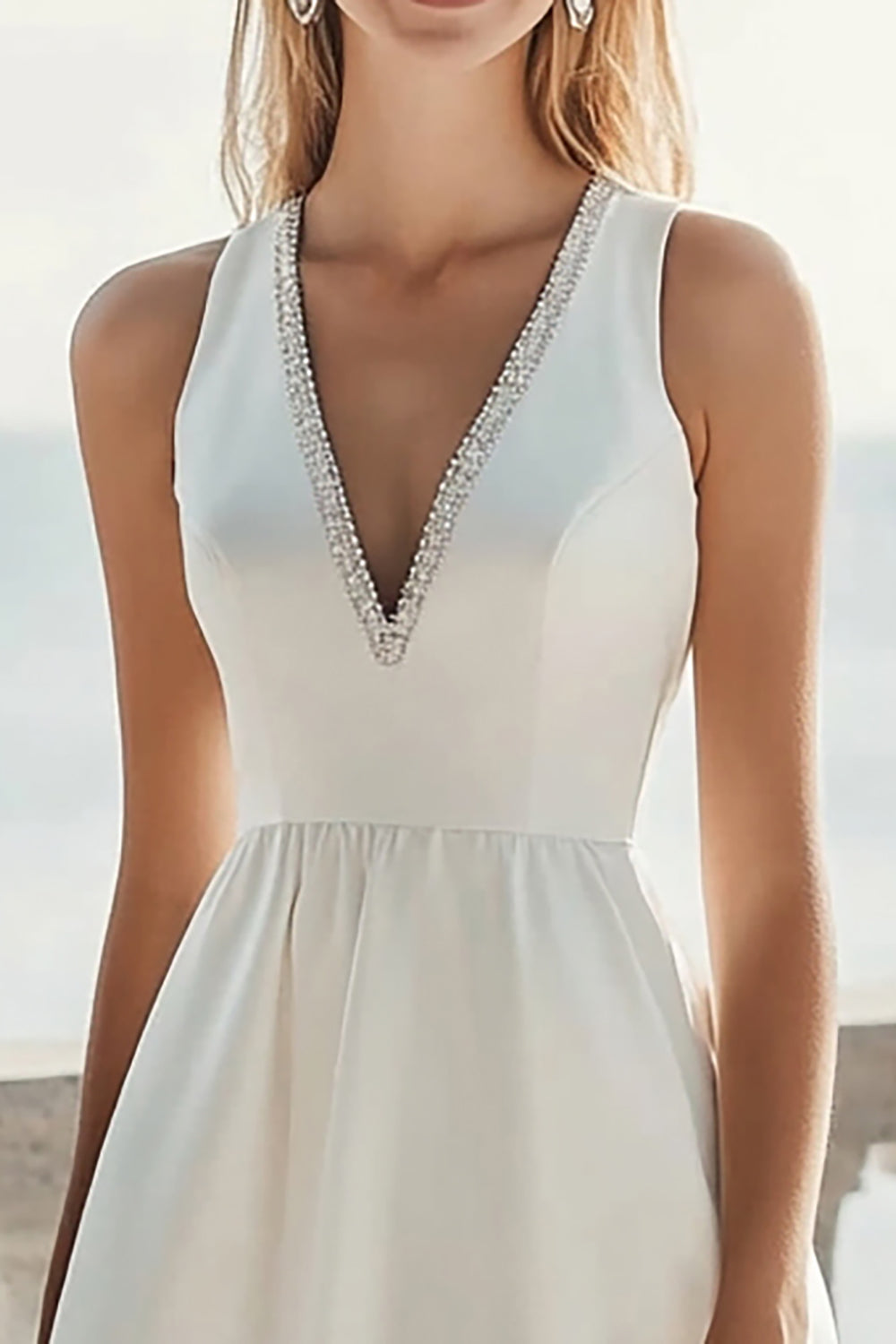 Satin Ivory Deep V-Neck A Line Midi Boho Dress